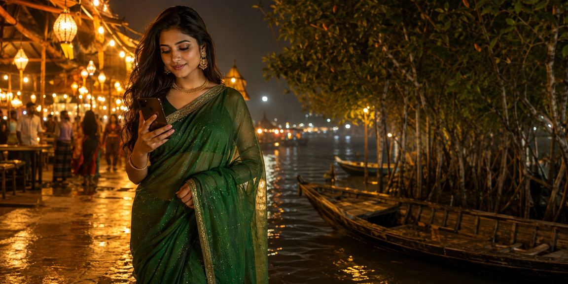 সুন্দরবনের পটভূমিতে মোবাইলে হাই রোলার গেমিং উপভোগ করছেন একজন খেলোয়াড়